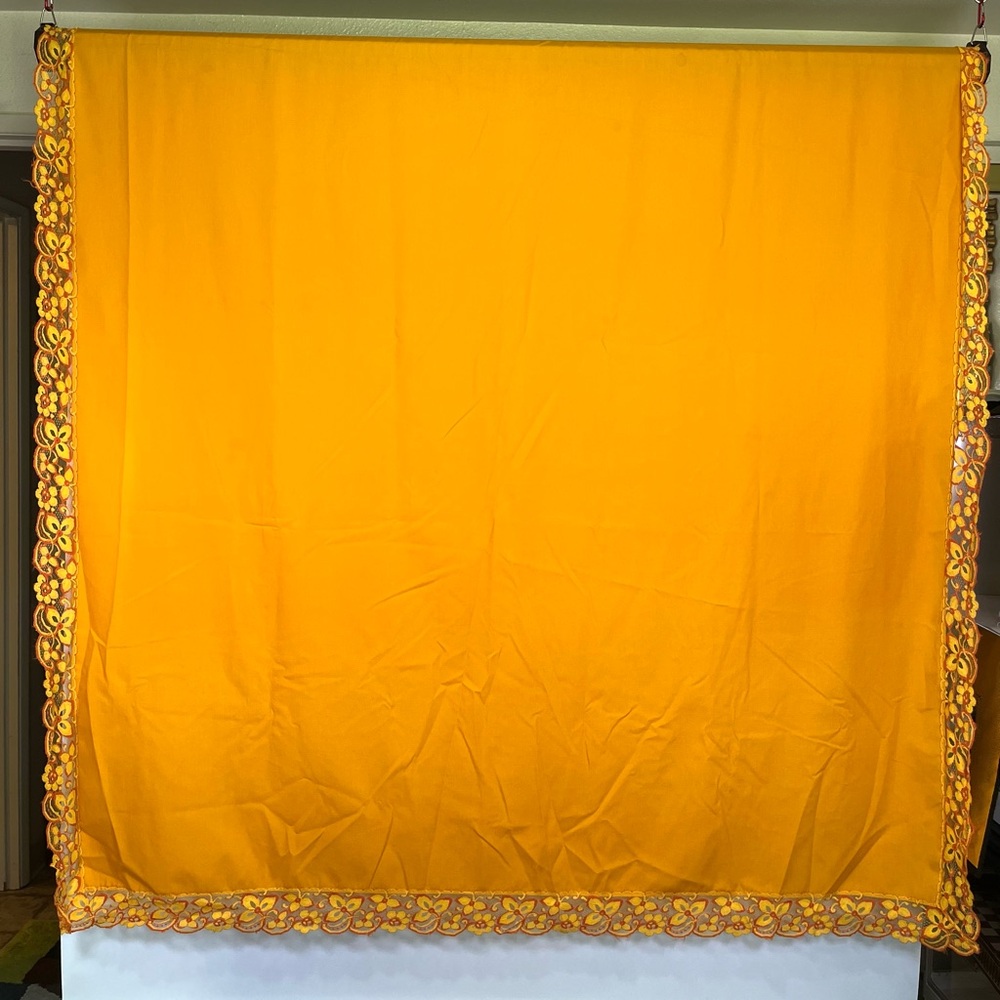 Vintage 70s Orange Mid Century Textile Panel Floral Lace Trim Retro Fabric MCM